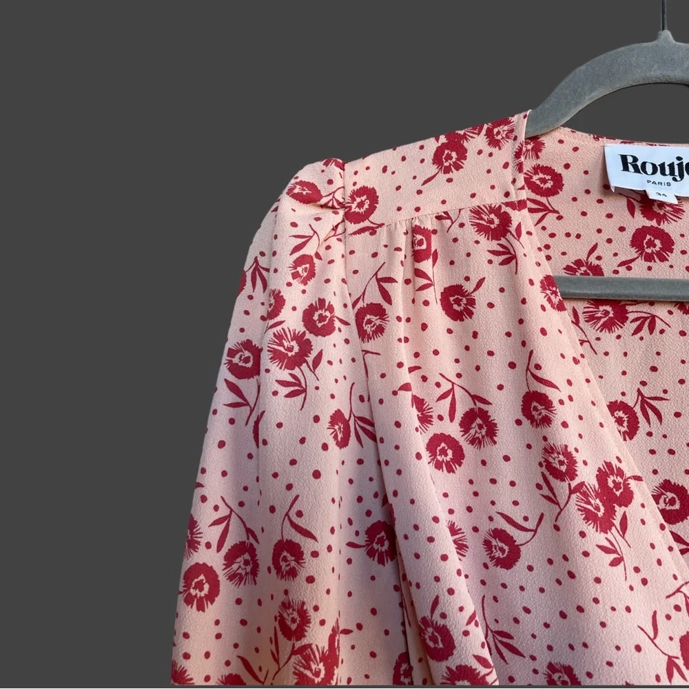 ROUJE Peach Pink Red Retro Classic Floral Dot Printed Rosalie Midi Wrap Dress - Picture 10 of 14